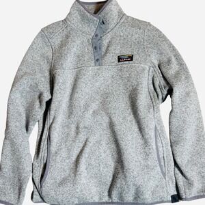 LL Bean Sweater Fleece Pullover Women M Petite Gray Excellent Snap Neck 503356